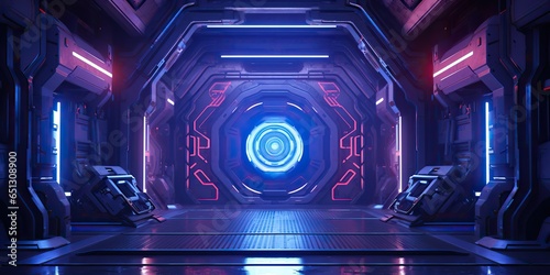 Fototapeta Naklejka Na Ścianę i Meble -  AI Generated. AI Generative. Futuristic space ship galaxy alien door gate entrance sci fi concept neon indoor architecture. Graphic Art