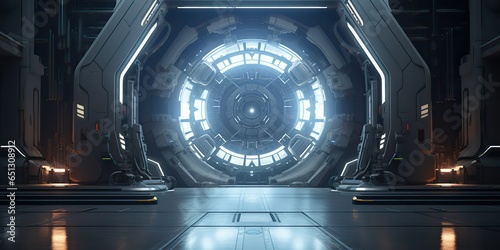 Fototapeta Naklejka Na Ścianę i Meble -  AI Generated. AI Generative. Futuristic space ship galaxy alien door gate entrance sci fi concept neon indoor architecture. Can be used like game or movie inspirational concept.