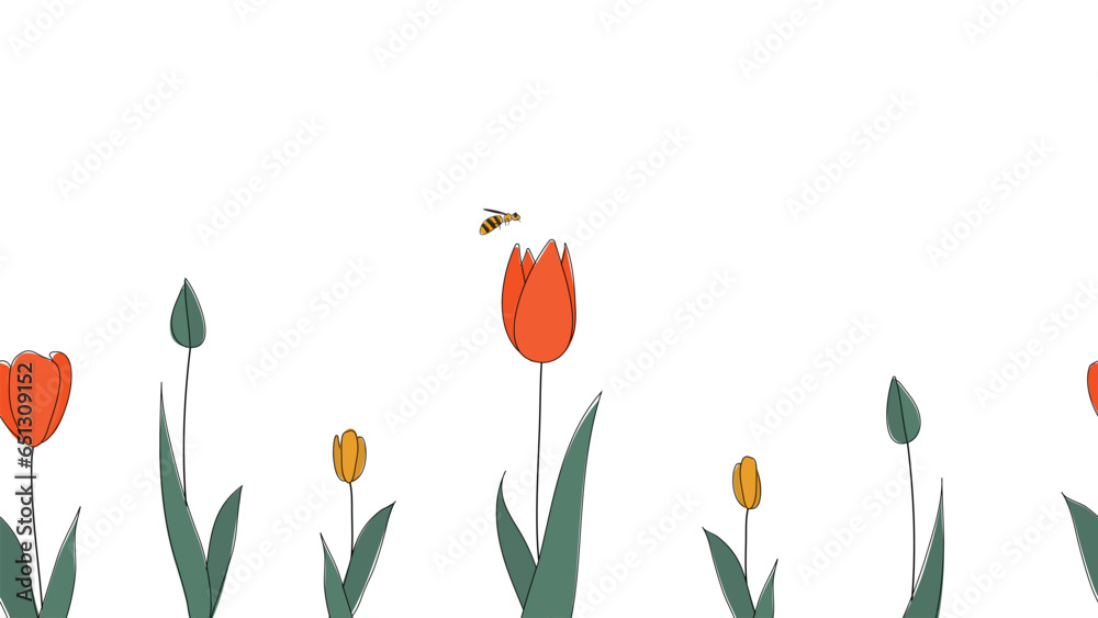 Seamless border of tulips hand drawn in simplified children cartoon naive style on white background.Cute bee flying over flower.For design of website or shop for spring or summer.Vector illustration - obrazy, fototapety, plakaty 