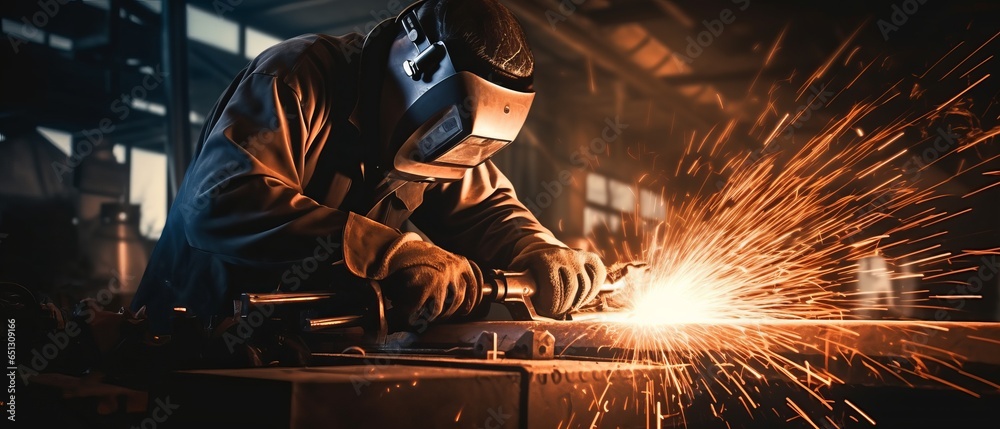 An employee welds in the workshop. Generative AI An employee welds in the workshop. Generative AI