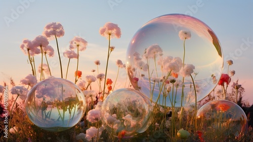  a field of flowers and bubbles floating in the air at sunset. generative ai