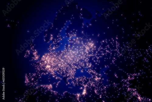 Europe night map. illustration of cities lights from space at night. Satellite view. Dark map