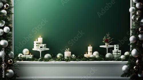  a christmas mantle with candles and ornaments on it and a green background.  generative ai
