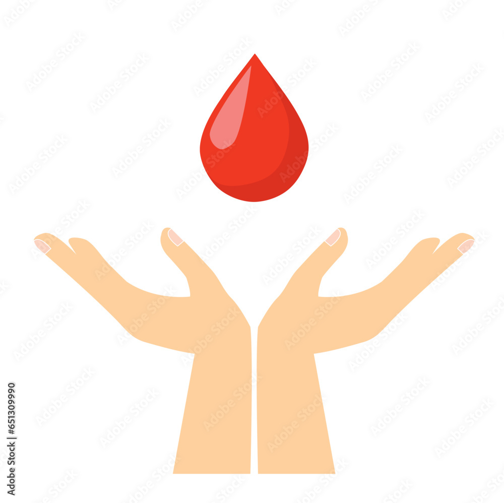 Manos sosteniendo una gota de sangre. Vector. Concepto: Donar sangre. Salud
