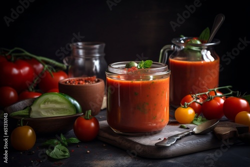 Spicy homemade Gazpacho Soup. Summer cold vegan food. Menu recipe in dark style. Generative AI.