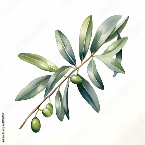 Olive leaves with green olives watercolor illustration. High quality