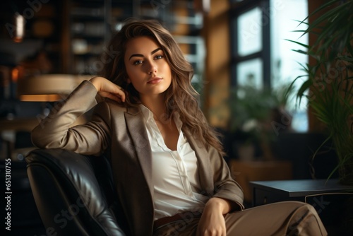 A bold and confident businesswoman portrait photograph wearing brown suit in a modern office space and looking at the camera