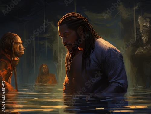 Rite of baptism in water of African Jesus Christ AI