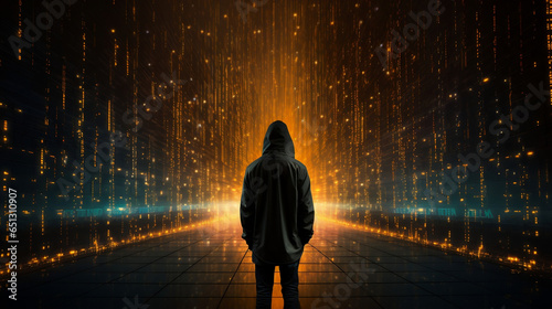 silhouette of a hacker in a hoodie looking towards data
