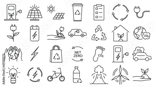 Icon collection with zero emission symbol concept. greenhouse gas carbon credit design set. protect ecological green vector outline. carbon net zero neutral natural. carbon footprint art pictogram