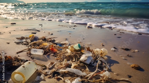 Distressed marine life struggles to survive in a polluted beach, showcasing the consequences of human actions on the environment and social issues. Stock image depicting pollution, garbage and litter