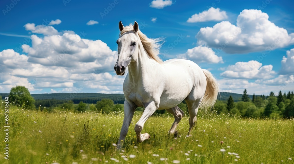 Majestic white horse galloping freely in a green meadow under a clear ...
