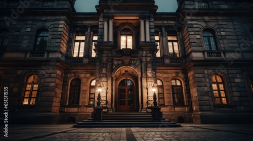 Dark, moody, and mysterious Gothic historical building at dusk. Captured with Sony a7S III and 50mm lens. Impressive shadows and eerie lighting create a dramatic atmosphere.