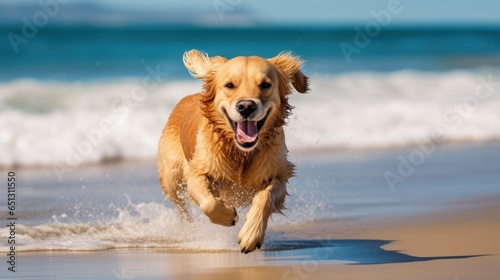 Playful golden retriever running on a sandy beach with crashing ocean waves in the background. Active, joyful, and energetic, enjoying the water and the sunny summer day.