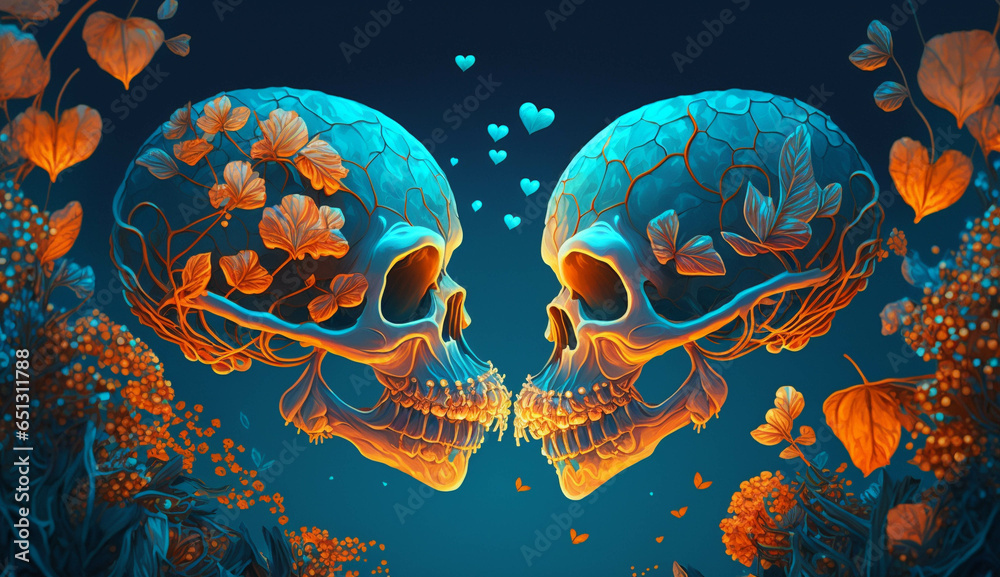 Fototapeta premium An illustration of eternal love. Two Calaveras on dark blue background. Day of the dead. Mexican sculls. Illustration of the sculls.