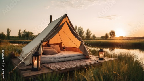 Tranquil outdoor scene with a minimalist tent in a vast meadow. Simple design, clean lines, neutral colors. Calmness in golden hour sunlight, creating a warm glow. Camping in nature, a peaceful escap