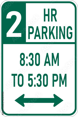 Vector graphic of a green usa Two Hour parking between times MUTCD highway sign. It consists of the wording 2 hour Parking and restricted times contained in a white rectangle