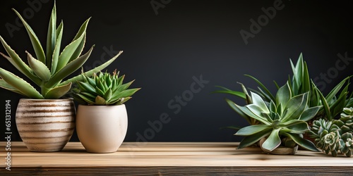 AI Generated. AI Generative. Green fresh beautiful blossom plants on wooden table and wall. Mock up decorative template. Graphic Art