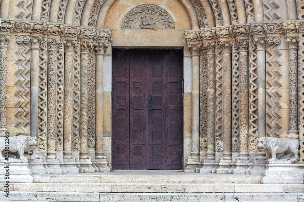 Doors to the entrance to the church at the Weidahunyad fortress in the center of Budapest