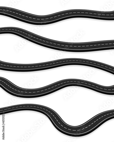 Five asphalt roads on white background, vector eps10 illustration