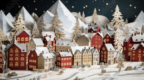  a christmas scene of a town with a snow covered hill. generative ai