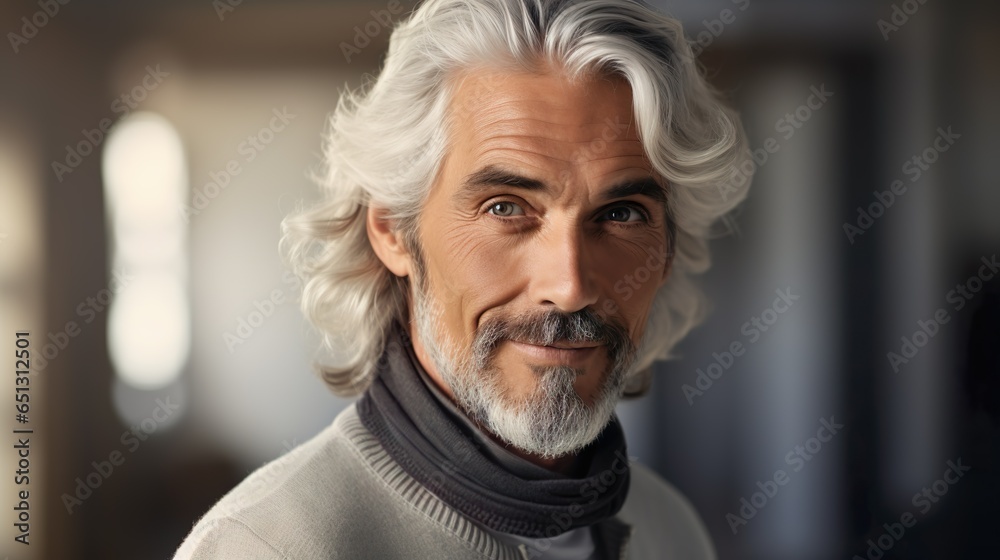 Aging Gracefully: Handsome Man with Gray Hair in Gray and White, Happy Smiling, Advertising Aging Gracefully: Handsome Man with Gray Hair in Gray and White, Happy Smiling, Advertising