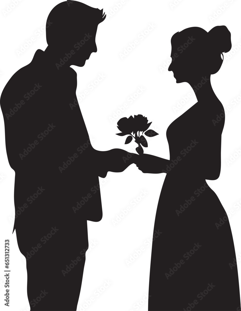 A silhouette of a couple proposing. A man giving flower to her wife 