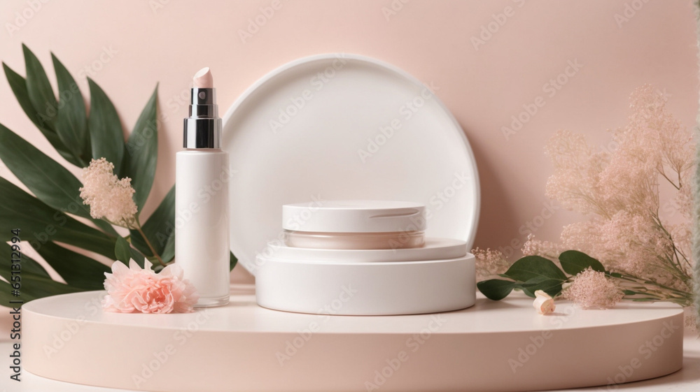 Blank cosmetic product bottles standing on podium on pink background with plants, Natural and health cosmetic products display mockups.