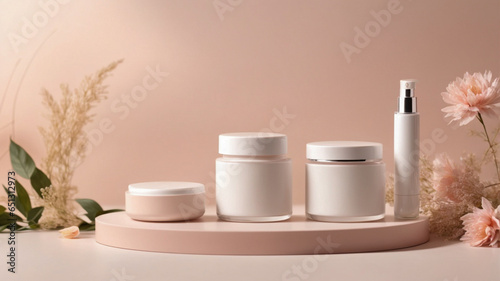 Blank cosmetic product bottles standing on podium on pink background with plants  Natural and health cosmetic products display mockups.