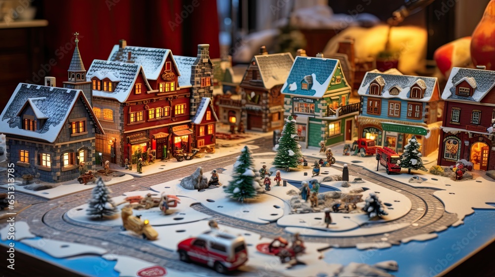 a christmas village with a train and cars on the tracks. generative ai a christmas village with a train and cars on the tracks. generative ai