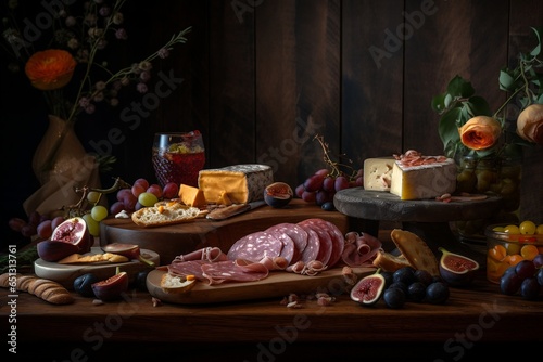 Charcuterie board of cold meats and cheeses with fruit and baked goods. Composition in dark photography style. Advertising banner with free copy space. Generative AI.