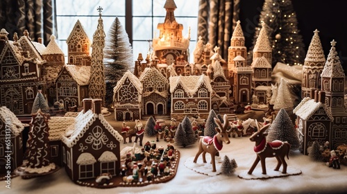  a table topped with lots of gingerbread houses and trees. generative ai