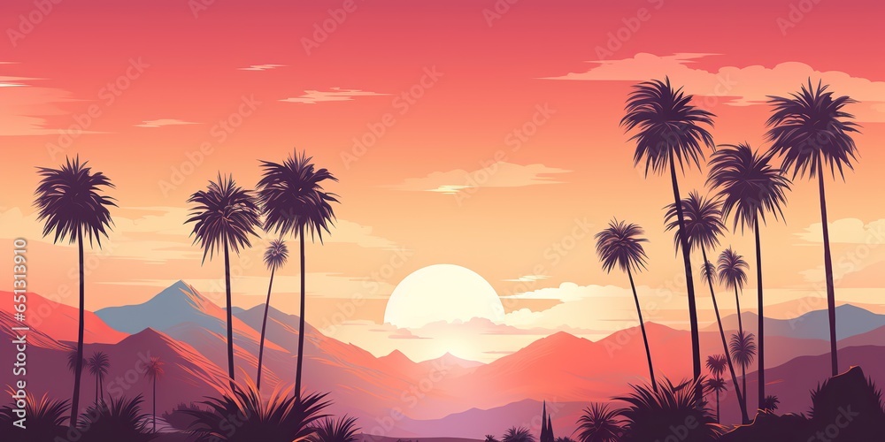 AI Generated. AI Generative. Vintage retro background landscape with palm trees mountain and lake sea ocean. Adventure vacation paradise chilling vibe