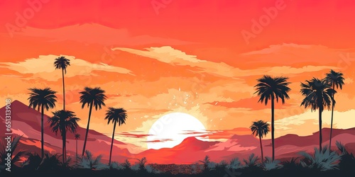 AI Generated. AI Generative. Vintage retro background landscape with palm trees mountain and lake sea ocean. Graphic Art