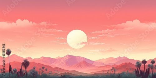 AI Generated. AI Generative. Vintage retro background landscape with palm trees mountain and lake sea ocean. Adventure vacation paradise chilling vibe