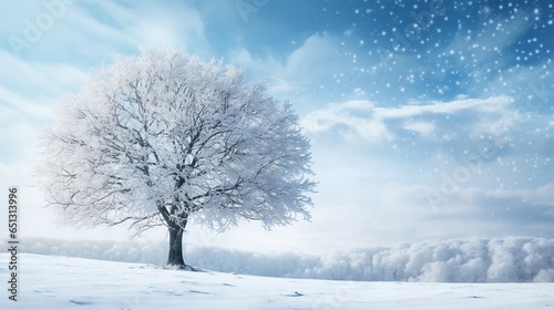  a lone tree in a snowy landscape with snow flakes. generative ai