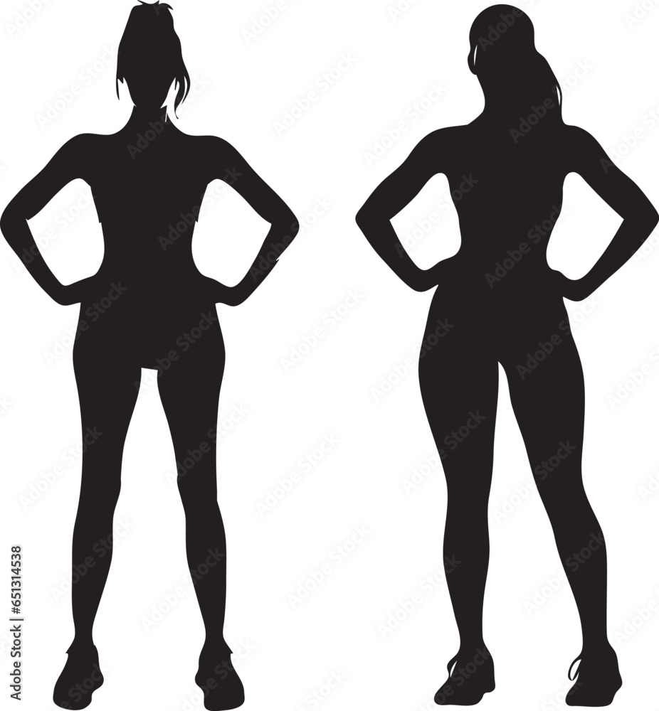 A silhouette of a young gym woman. Slim fitness women standing 