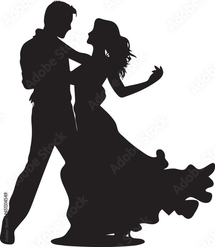 A silhouette of a newly married couple dancing. The concept for wedding cards and Valentine's day 