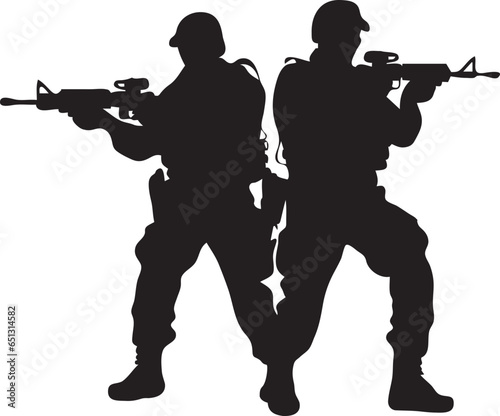 A silhouette of a soldier with a gun focusing on an enemy. 