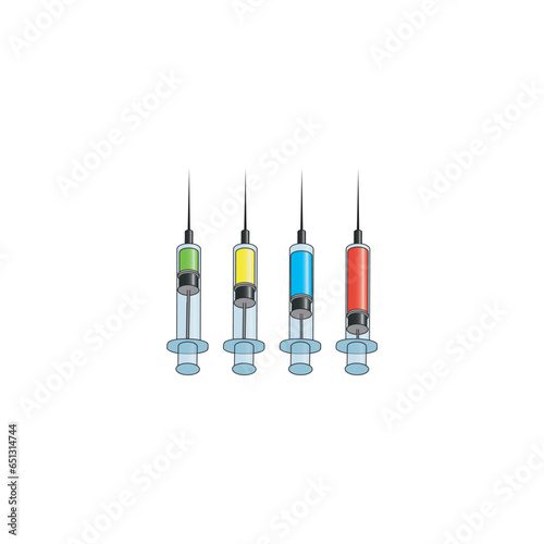 Set of 4 syringe colorful icons, simple vector illustration design. Medical carttoon symbol to use in websites, lectures, presentations, etc