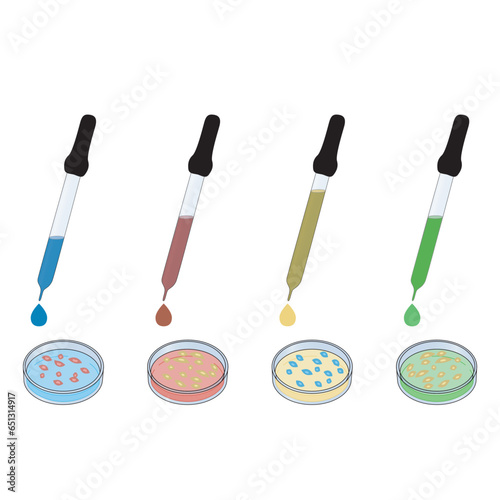 Set of 4 pipette and petri dish colorful icons, simple vector illustration design. Medical carttoon symbol to use in websites, lectures, presentations, etc