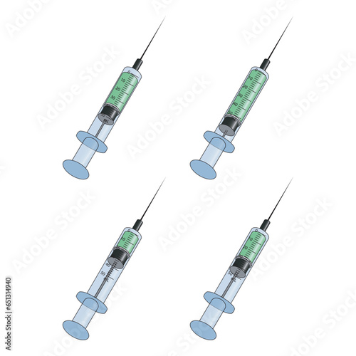 Set of 4 syringe green icons, simple vector illustration design. Medical carttoon symbol to use in websites, lectures, presentations, etc