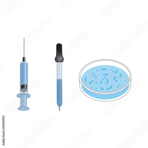 Set of syringe, pipette, petri dish icons, simple vector illustration design. Medical carttoon symbol to use in websites, lectures, presentations, etc