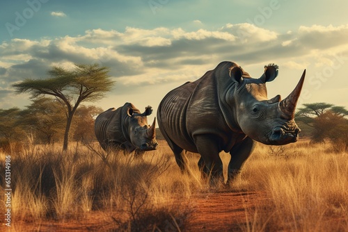 rhino at sunset, Generative AI photo