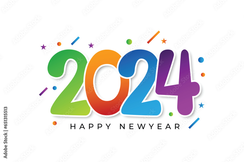 Colorful Happy New Year 2024 design with unique and modern numbers.