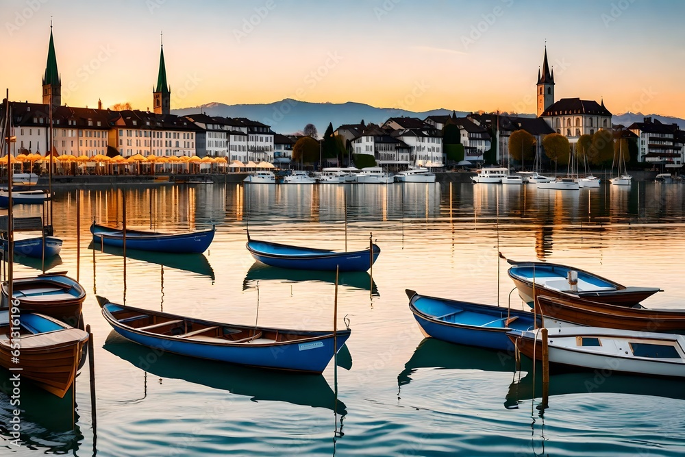 Beautiful view of boats lying in Lake Zurich with the historic town of Rapperswil in the background in golden evening light at sunset, Rapperswil-Jona, canton of St. Gallen, Switzerland 