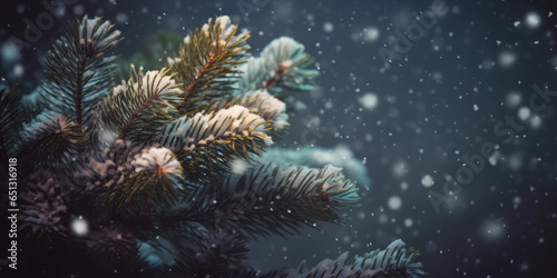 Christmas tree in snow at night. Fir Tree Branches in frost and snow. Beautiful Background for Christmas, Winter, XMas or New Year Greeting card, banner, postcard, invitation © maxa0109