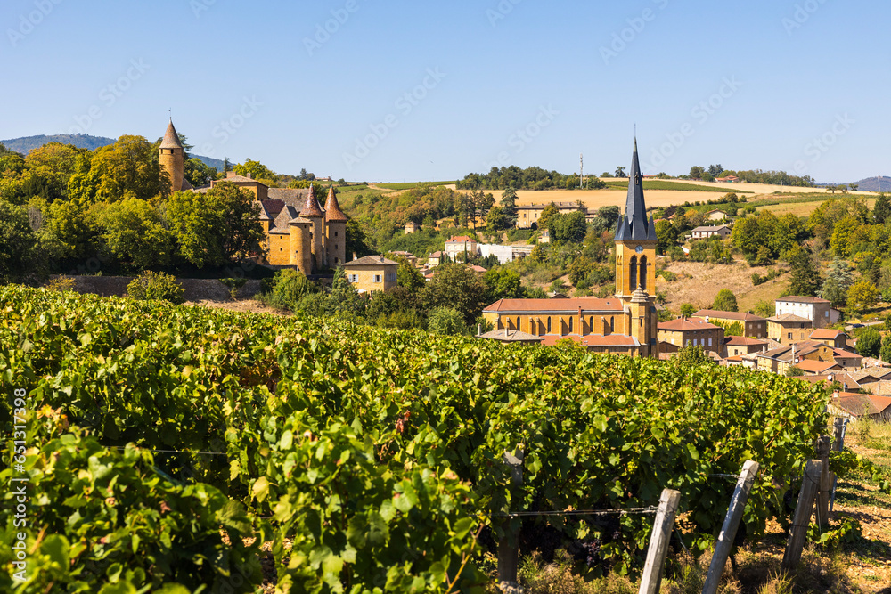 Village de Jarnioux avec son château et son église depuis les vignobles du Beaujolais
