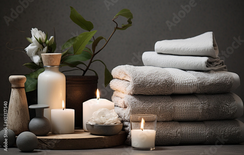 Spa composition with towels and lit candles on concrete table