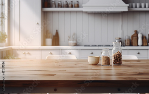 Modern simple kitchen, with white wooden table. Narrrow depth of field